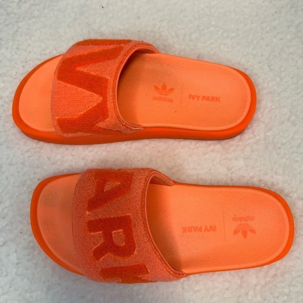 Ivy Park x Adidas Screaming Orange Terry Cloth Logo Platform Slides